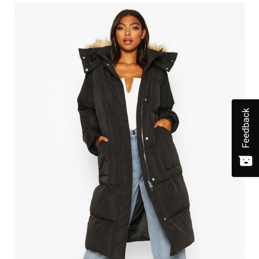 Black Puffer coat Faux fur trim hood Long length